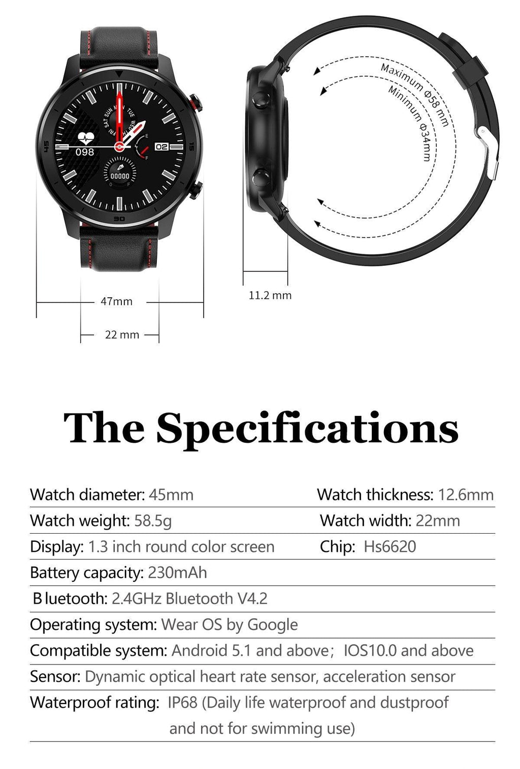 Montre connectée ronde moderne à écran tactile pour hommes, style business de luxe, avec protection étanche IP68 et moniteur de fréquence cardiaque et de tension artérielle, autonomie de 5 jours