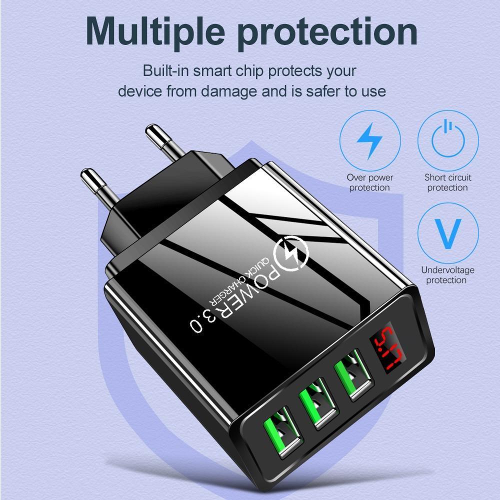 Chargeur Mural USB Portable Charge Rapide 3.0 avec Écran LED et 3 Ports USB 3A - Adaptateur Charge Rapide pour Téléphone Portable Noir et Blanc Moderne