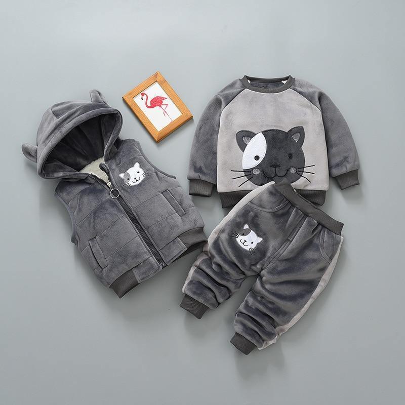 Vêtements pour bébé épais et chauds d'hiver, ensemble trois pièces avec pull à capuche imprimé ours et renard de dessin animé pour bébé fille, pull et pantalon