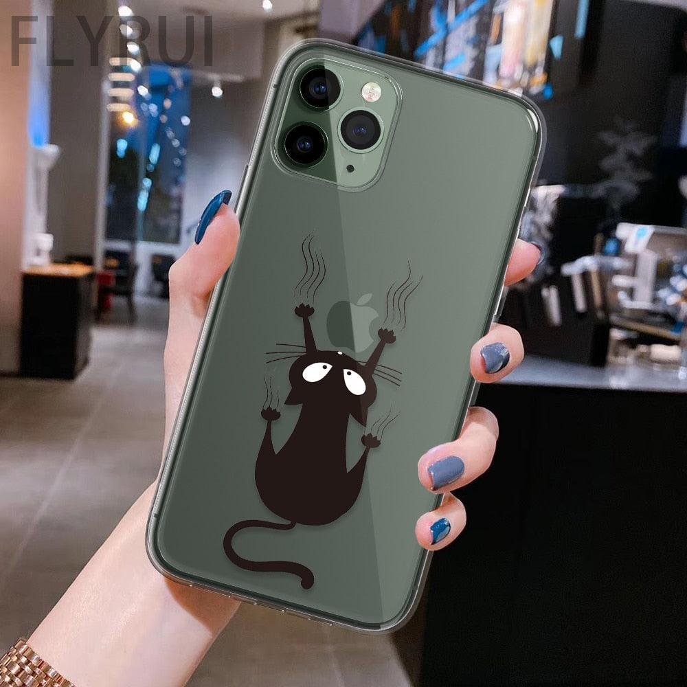 Coque de téléphone transparente avec motif d'animaux de chats noirs mignons pour iPhone 11 13 12 Pro Max 7 8 Plus Se 2020 Housse de protection en silicone souple et flexible, design fin et transparent