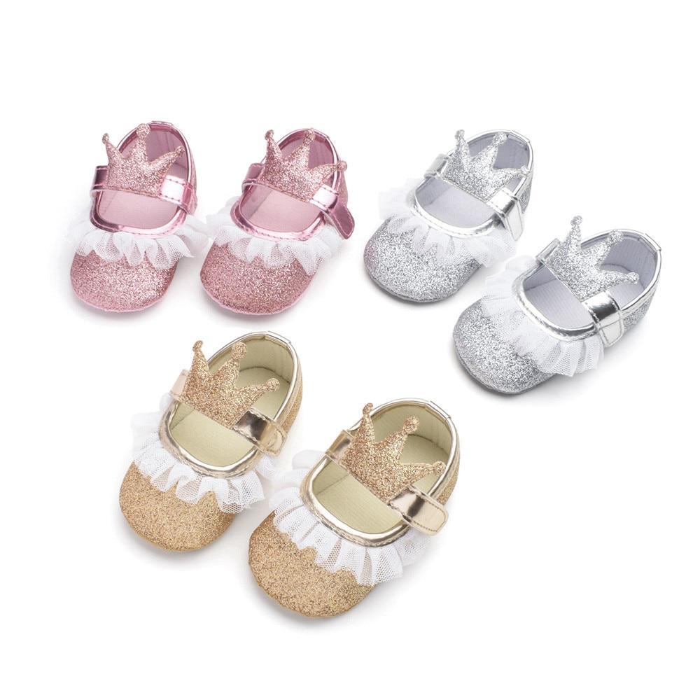 Chaussures de bébé fille nouveau-né, tout-petit, enfants, motif couronne pailletée, semelle souple antidérapante