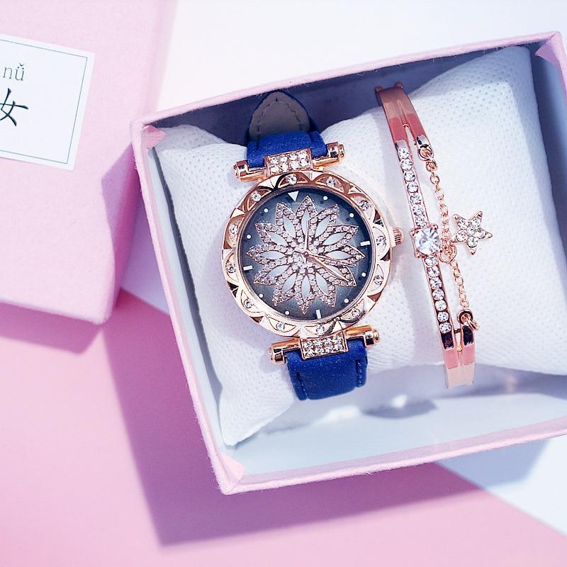 Ensemble de Montre Élégante et Populaire pour Femmes, Montre-Bracelet de Luxe Étoilée avec Bracelet en Cuir Décontracté à Quartz, Idéale pour Femmes et Filles