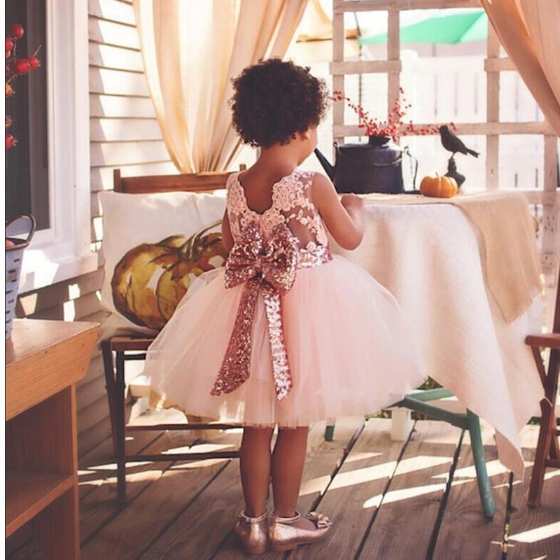 Robe de princesse rose sans dos de luxe dorée avec nœud, robe de bébé pour fête d'anniversaire, robe de nouveau-né pour filles, de 1 à 5 ans