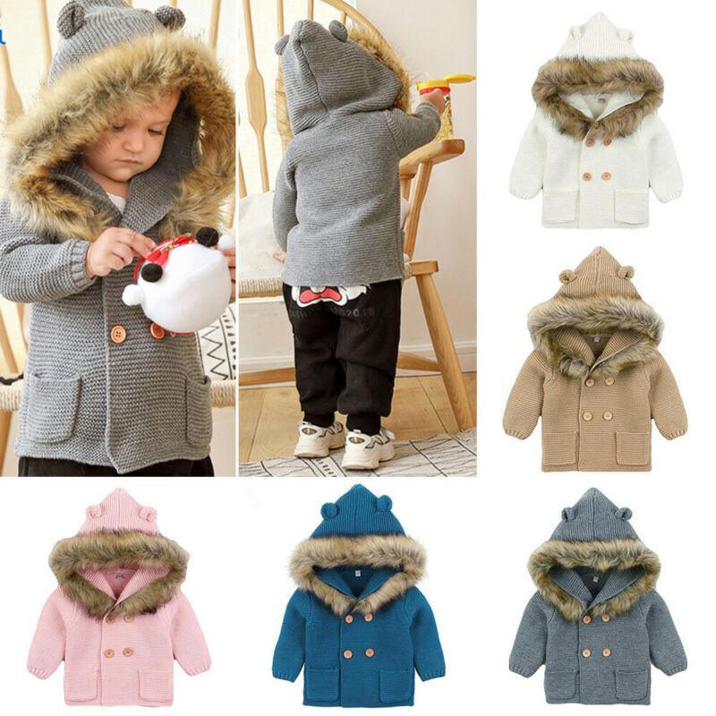 Manteau à capuche en tricot chaud d'hiver de luxe moderne pour nouveau-né garçon ou fille, avec col en fourrure pour garçons et filles