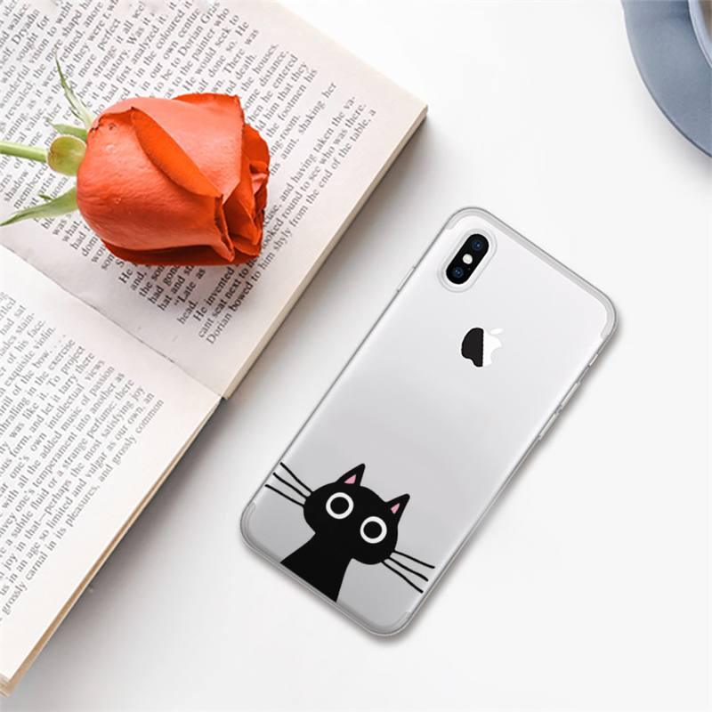 Coque de téléphone mignon chat noir pour iPhone 13 11 12 Pro XS MAX 8 7 6 6S Plus X 5S SE 2020 XR – Étui de téléphone antichoc souple, brillant et élégant avec un chat mignon
