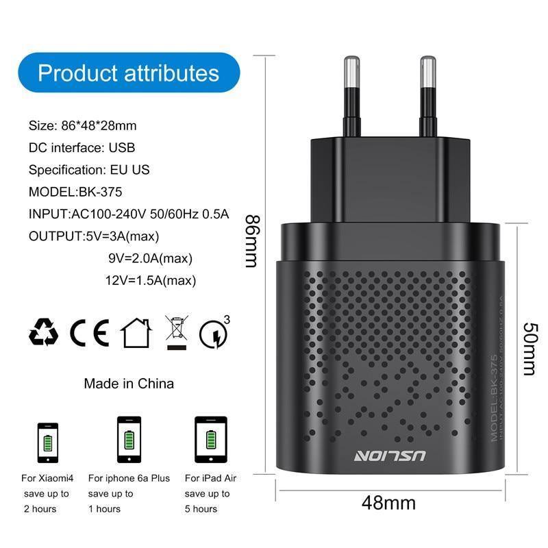 Chargeur USB Portable 3A Charge Rapide 3.0 Chargeur de Téléphone Mobile 4 Ports 48W Chargeurs Muraux Rapides