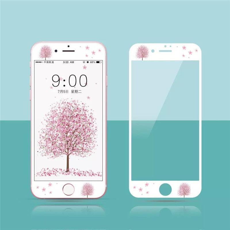 Protecteur d'écran Cartoon Fleurs pour iPhone 13 12 11 Pro Max Bord Souple Verre Trempé pour iPhone XS MAX XR 7 8 PLUS Cadre d'installation facile Mignon Dureté 9H Couverture complète Sans bulles Design Mignon Fleurs de Cerisier Verre pour iPhone