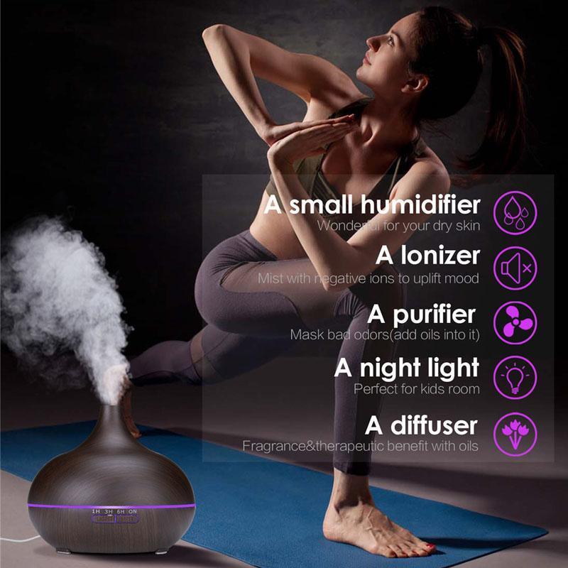 Diffuseur d'huile essentielle d'aromathérapie 550 ml grain de bois télécommande humidificateur d'air ultrasonique brume froide avec lumière LED 7 couleurs pour chambre de bébé, arrêt automatique sans eau, 7 couleurs de lumières changeantes