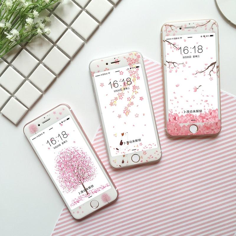 Protecteur d'écran Cartoon Fleurs pour iPhone 13 12 11 Pro Max Bord Souple Verre Trempé pour iPhone XS MAX XR 7 8 PLUS Cadre d'installation facile Mignon Dureté 9H Couverture complète Sans bulles Design Mignon Fleurs de Cerisier Verre pour iPhone
