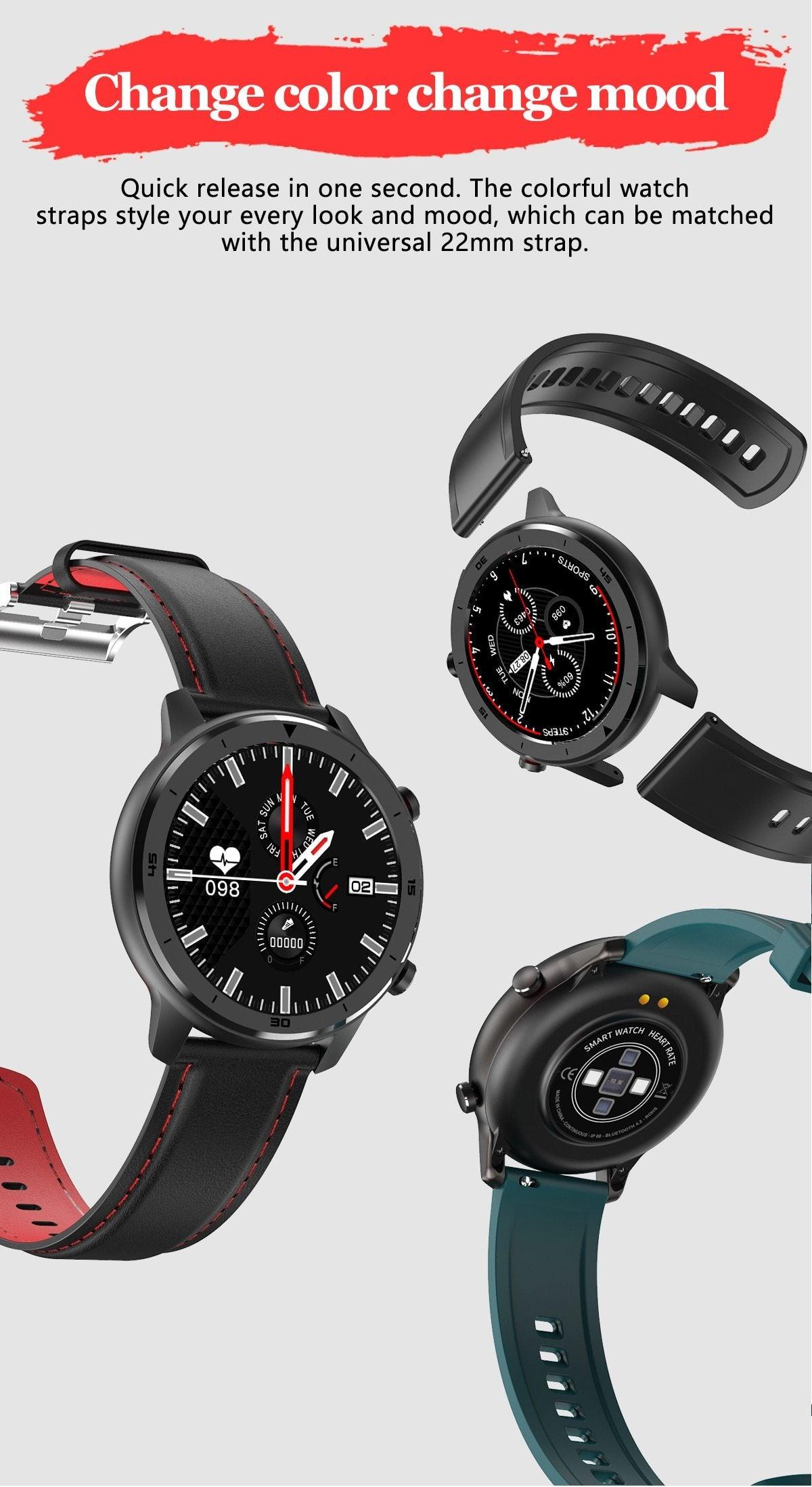 Montre connectée ronde moderne à écran tactile pour hommes, style business de luxe, avec protection étanche IP68 et moniteur de fréquence cardiaque et de tension artérielle, autonomie de 5 jours