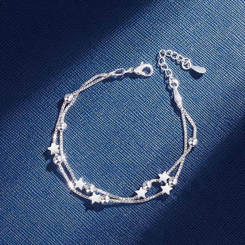 Nouveau Bracelet de luxe moderne en argent sterling 925 à double couche avec perles d'étoiles pour femmes, élégant bracelet à chaîne avec pendentifs, cadeau d'anniversaire (étoile argentée)