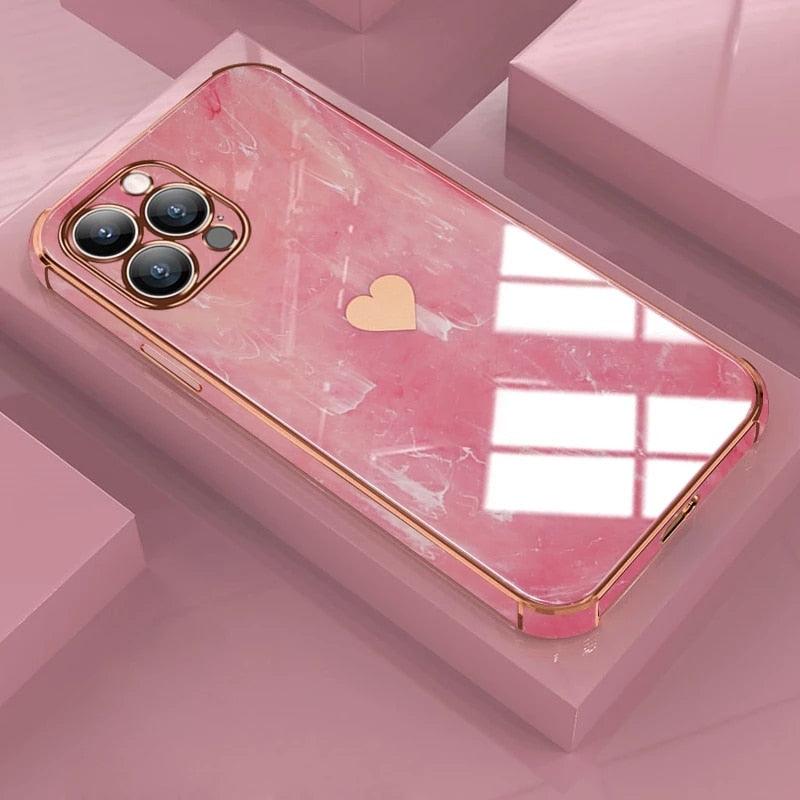Étui Souple Antichoc de Luxe pour iPhone 13 12 11 Pro Max XS XR X R 8 7 Plus iPhone12 12Pro iPhone11 Housses Texture Marbre Étui de Téléphone de Luxe Motif Cœur Latéral Mignon Petit Étui Souple Antichoc de Protection Complète de l'Objectif pour iPhone