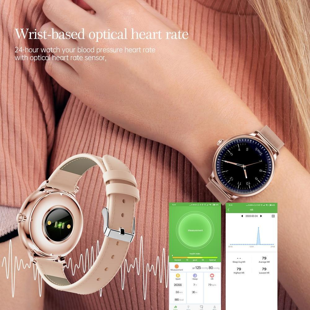 Montre connectée de luxe moderne et élégante pour femmes avec écran rond, compatible avec les systèmes Android et iOS, avec moniteur de fréquence cardiaque, pour filles, femmes et dames
