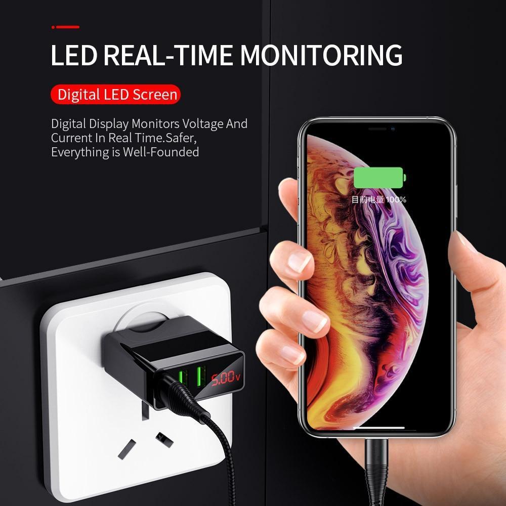 Chargeur de téléphone USB à 3 ports avec écran LED Prise UE Charge rapide intelligente de 3 A max au total Chargeur mural mobile pour smartphones
