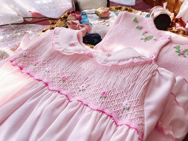 Robe rose à smocks faite main de luxe pour bébé fille, à manches longues, printemps automne