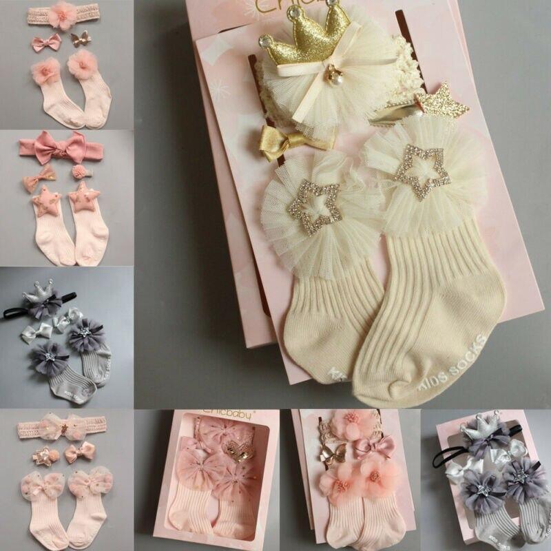 4 paires/lot de chaussettes antidérapantes pour bébé fille + bandeau + épingle à cheveux