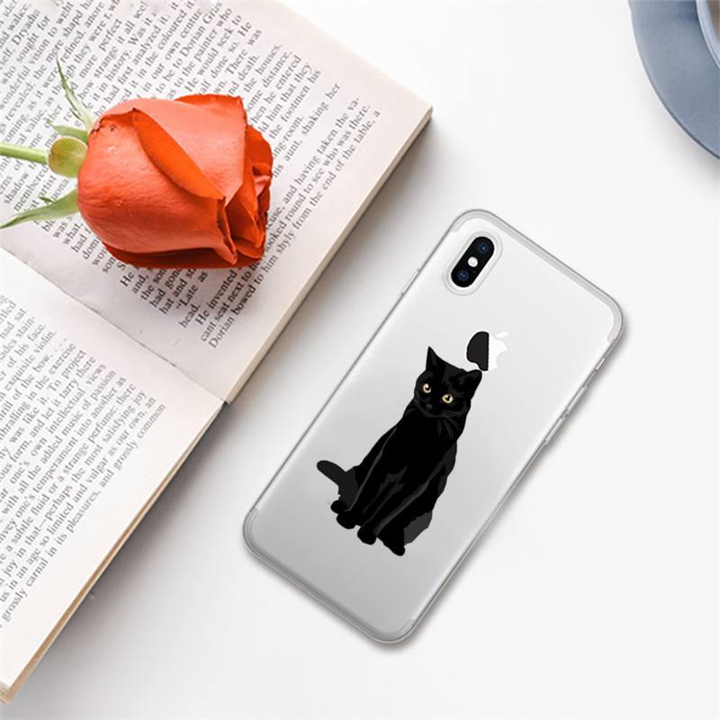 Coque de téléphone mignon chat noir pour iPhone 13 11 12 Pro XS MAX 8 7 6 6S Plus X 5S SE 2020 XR – Étui de téléphone antichoc souple, brillant et élégant avec un chat mignon
