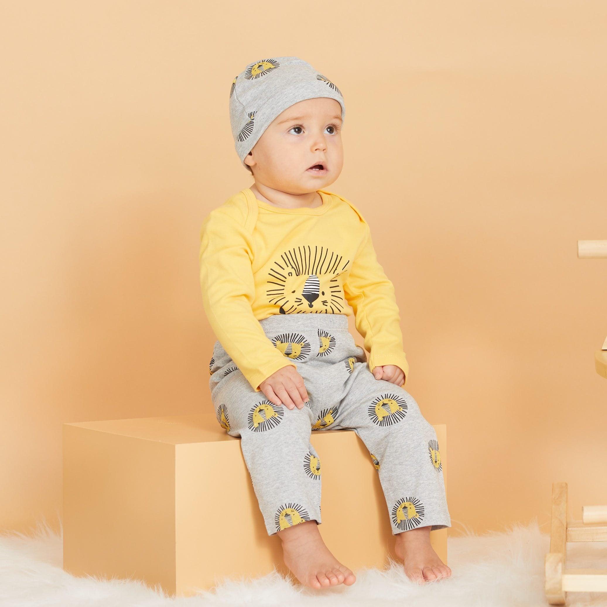 Ensemble de pyjama en coton automne et hiver avec lion, combinaison décontractée, pantalon et chapeau pour bébés garçons et filles