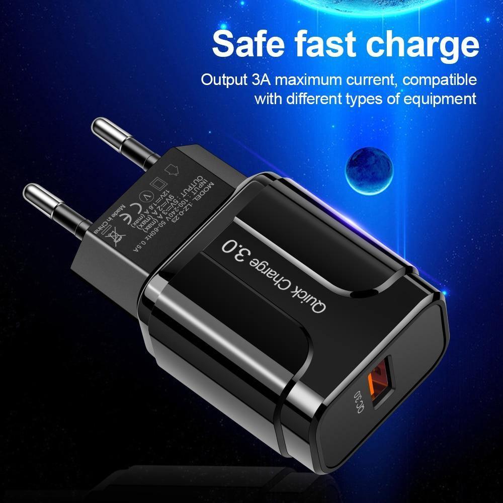 Chargeur USB 3A noir Quick Charge 3.0 Adaptateur secteur mural UE pour téléphone portable Charge rapide QC3.0