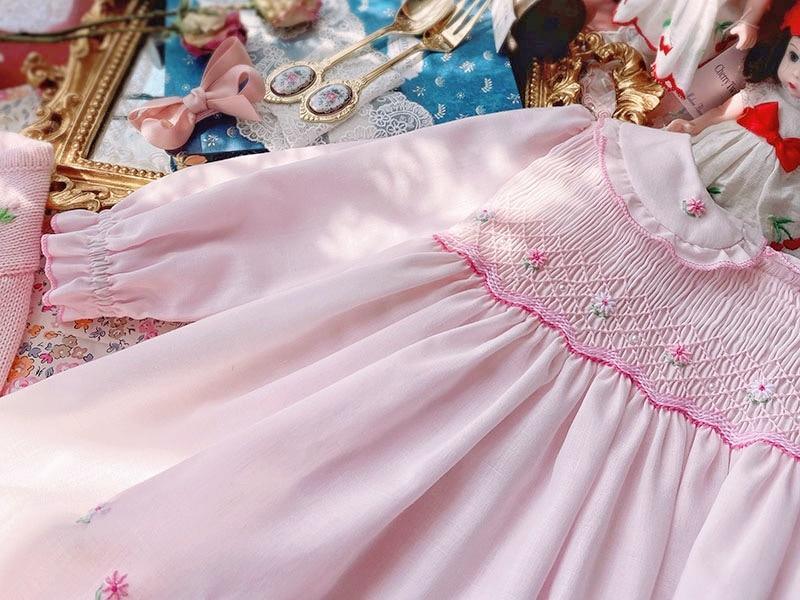 Robe rose à smocks faite main de luxe pour bébé fille, à manches longues, printemps automne
