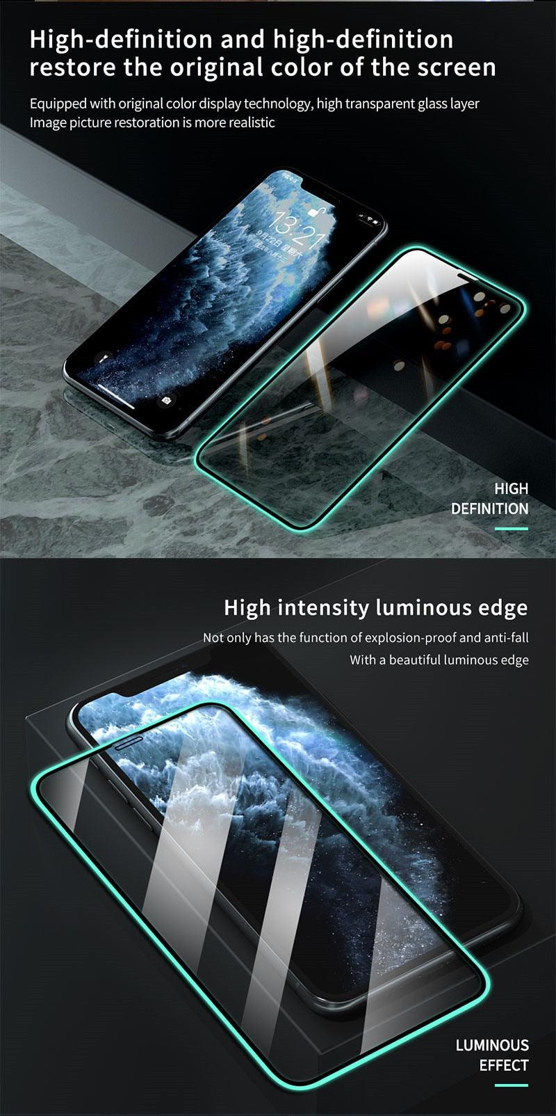 3 pièces protecteurs d'écran lumineux pour iPhone 14 11 Pro Max 12 Mini XR X XS, verre trempé lumineux pour iPhone 13 Pro Max 8 7 Plus, protecteur d'écran en verre trempé compatible avec iPhone