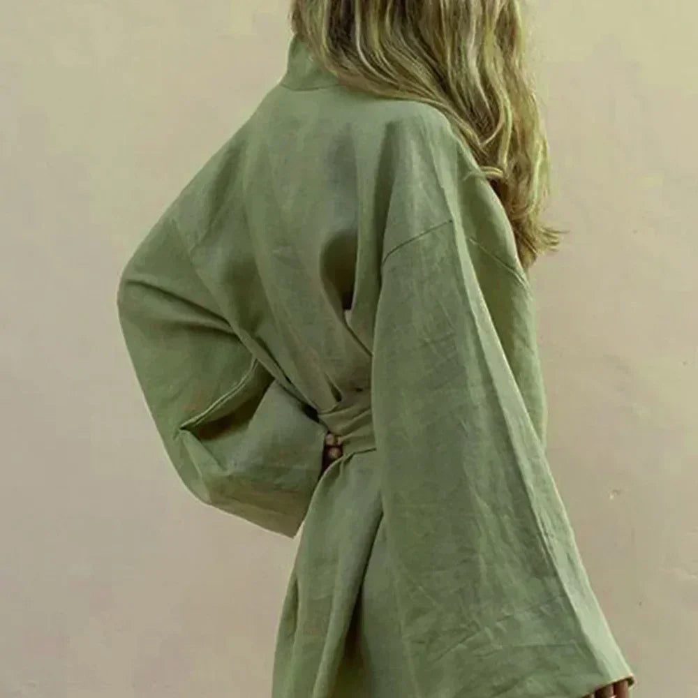 Cardigan Kimono Col V Femme, Robe Courte en Coton et Lin à Manches Longues, avec Ceinture, Style Robe de Chambre, Lacets, Été, Ample, Vestidos