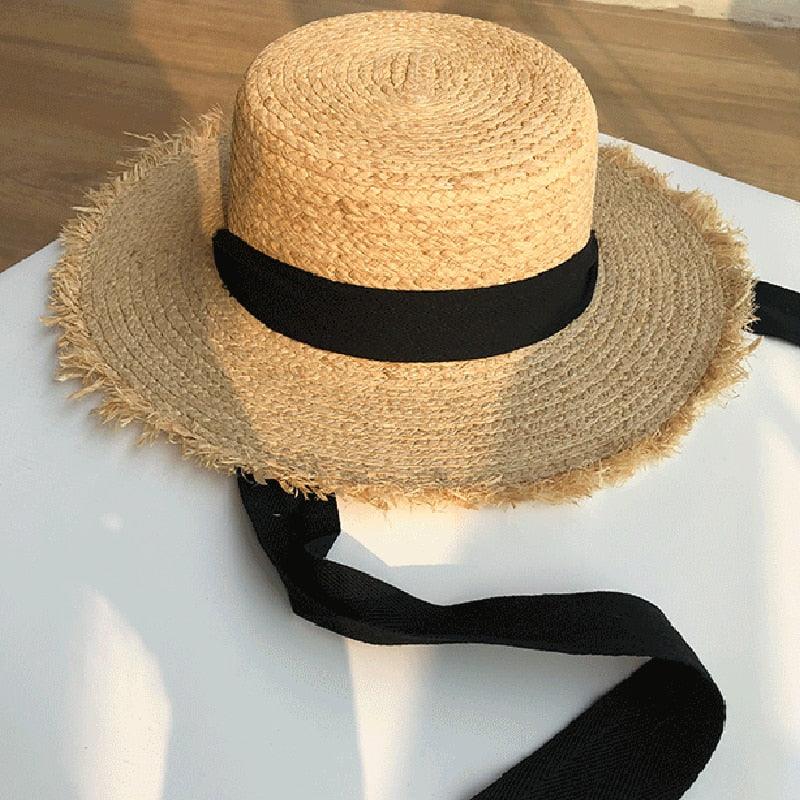 Chapeau de paille vintage pour femme, large, protection solaire, chapeau de plage avec nœud en ruban noir et blanc, design mignon, casquette de paille élégante pour femme, chapeau d'été, fedora de plage, chapeau plat décontracté pour femme