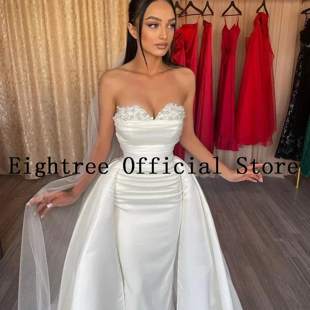 Eightree Robes de mariée sexy blanches en dentelle, bustier en cœur, avec traîne détachable, robe de mariée sirène en satin, robes de soirée de mariée personnalisées