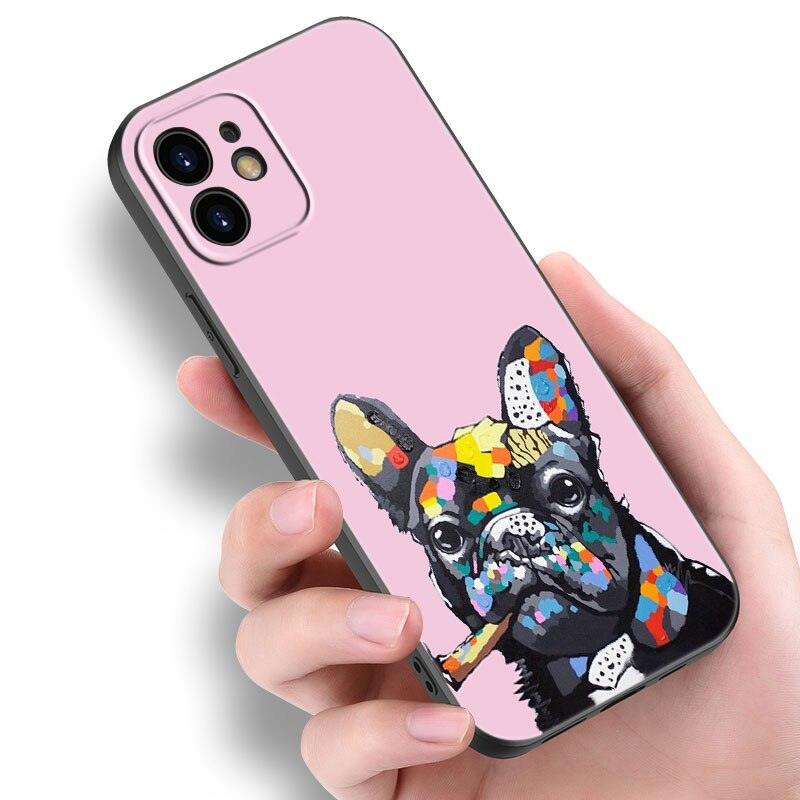 Coque de téléphone chiot bouledogue français mignon pour iPhone 14 13 12 Mini 11 Pro Max 7 8 Xr X Xs 7 8 Plus Se 2020 2022 Housse de téléphone mince transparente en silicone souple et élastique