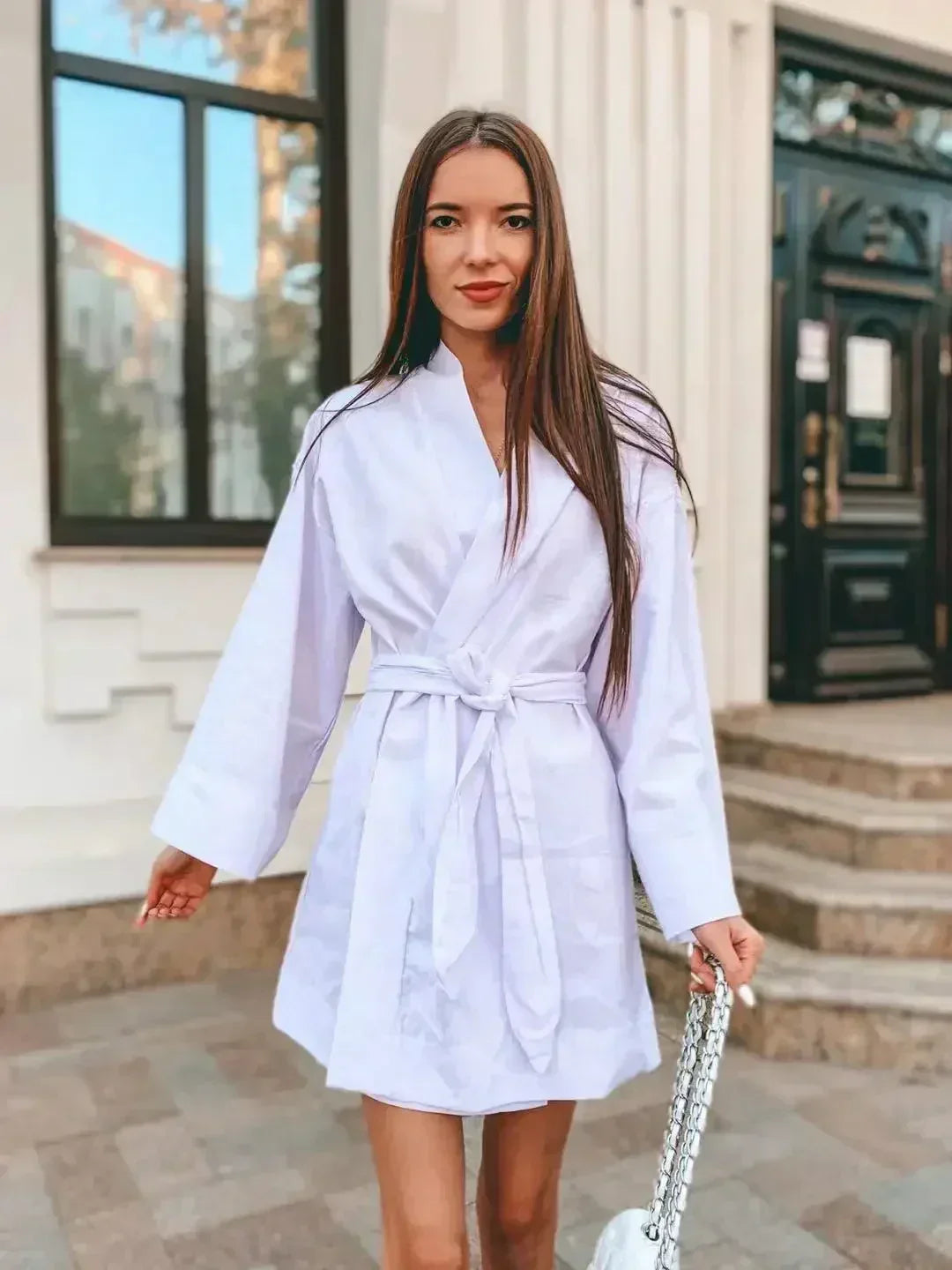 Cardigan Kimono Col V Femme, Robe Courte en Coton et Lin à Manches Longues, avec Ceinture, Style Robe de Chambre, Lacets, Été, Ample, Vestidos