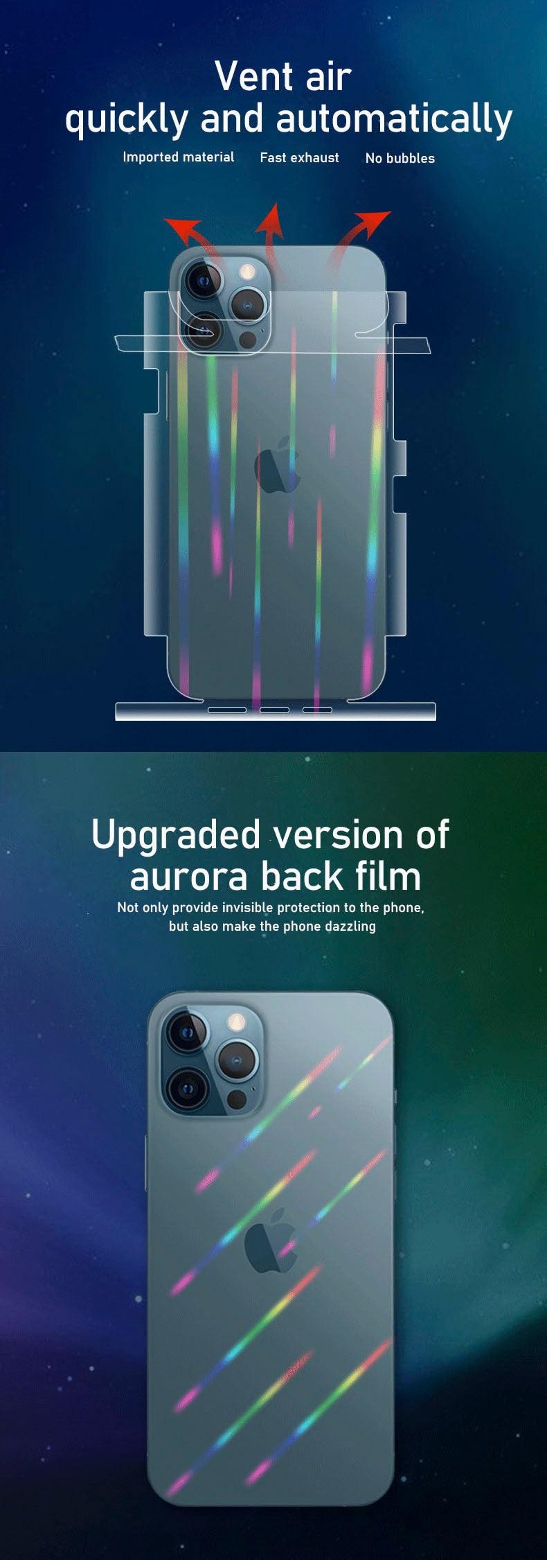 Film Hydrogel Aurora Laser Dégradé pour iPhone 13 11 12 Pro Max Mini X XS XR 7 8 Plus SE 2, Protection d'écran Souple, Coque Arrière Complète, Fine et Anti-Rayures pour iPhone