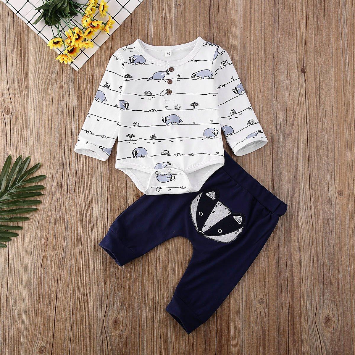 Tenues d'automne de luxe modernes pour bébés garçons et filles - Hauts, barboteuse et pantalon long imprimé renard