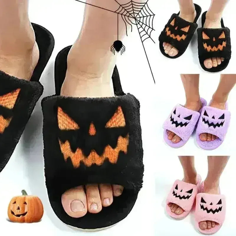 Pantoufles douces et moelleuses en forme de citrouille d'Halloween, confortables, à bout ouvert, pour femmes.