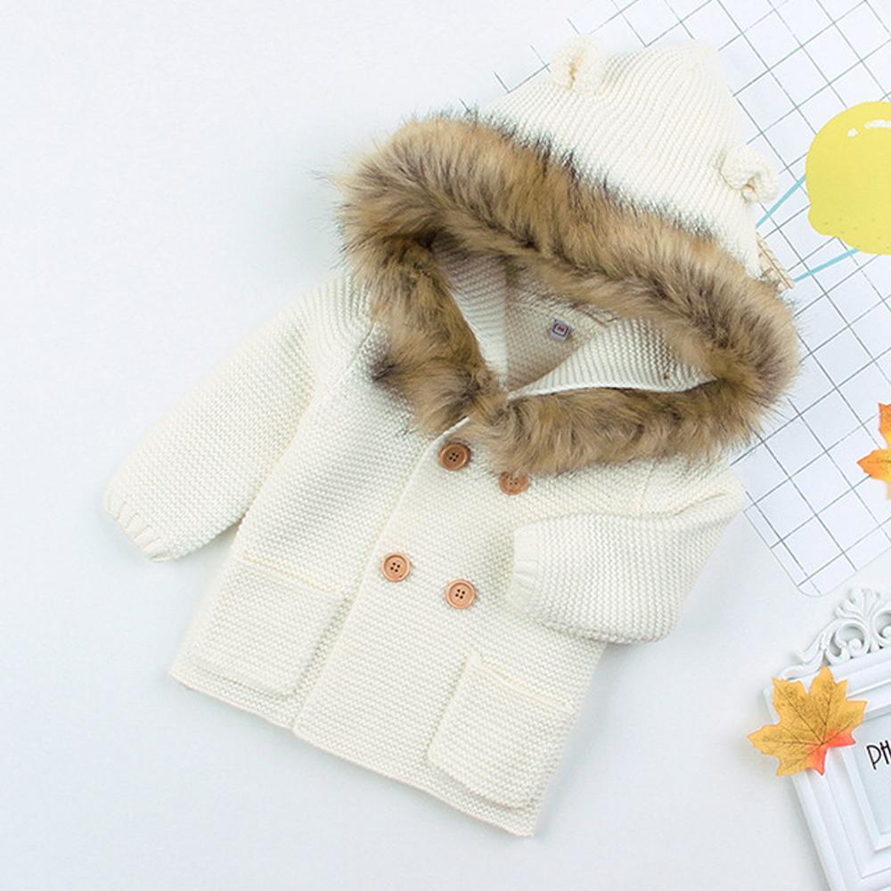 Manteau à capuche en tricot chaud d'hiver de luxe moderne pour nouveau-né garçon ou fille, avec col en fourrure pour garçons et filles