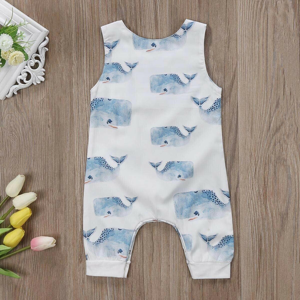 Grenouillère sans manches imprimé baleines pour bébés garçons, tenue de soleil d'été, barboteuse salopette combishort