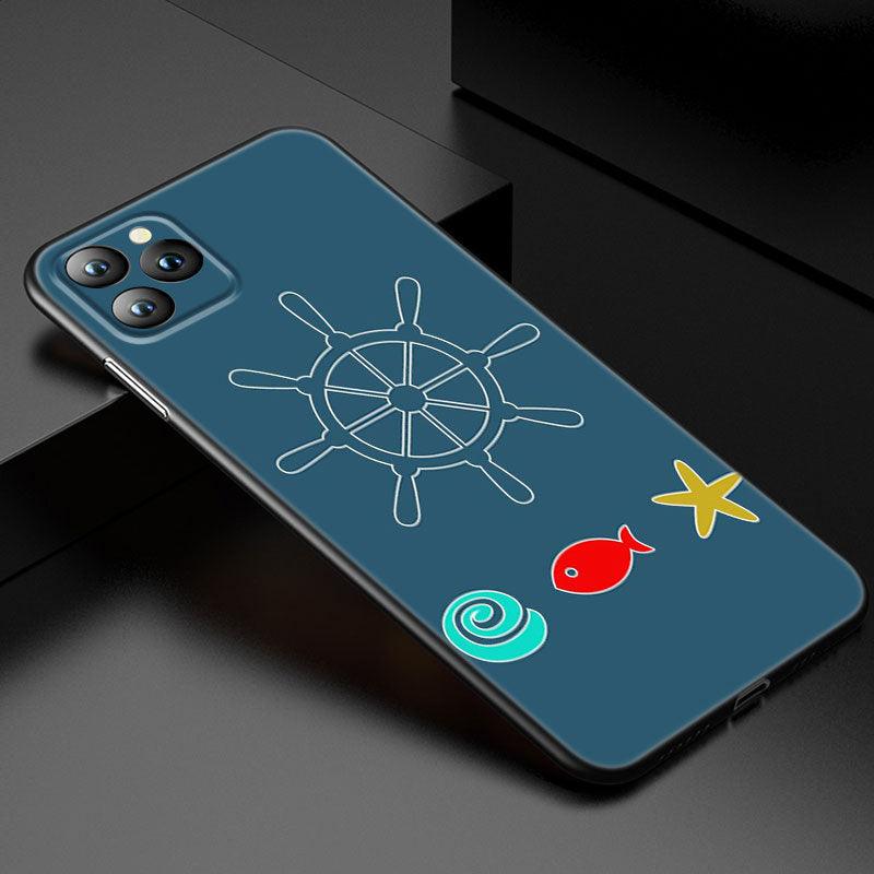 Coque de téléphone à roue de bateau ancre pour iPhone 13 12 Mini 11 Pro XS Max XR X 8 7 6S 6 Plus 5S 5 SE 2020 Housse noire Coque arrière rigide d'ancre personnalisée