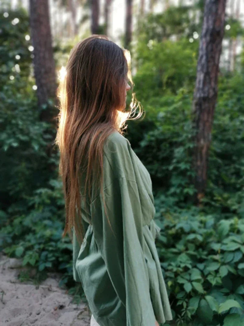 Cardigan Kimono Col V Femme, Robe Courte en Coton et Lin à Manches Longues, avec Ceinture, Style Robe de Chambre, Lacets, Été, Ample, Vestidos
