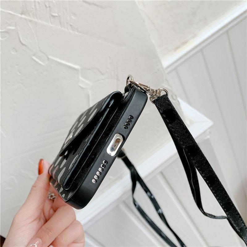 Étui de téléphone de luxe avec bandoulière et petits pois pour iPhone 14 14Pro Max 13 12 Mini 11 Pro XSXR 7 8 Plus, étui portefeuille en cuir avec porte-cartes, dragonne et pochette.