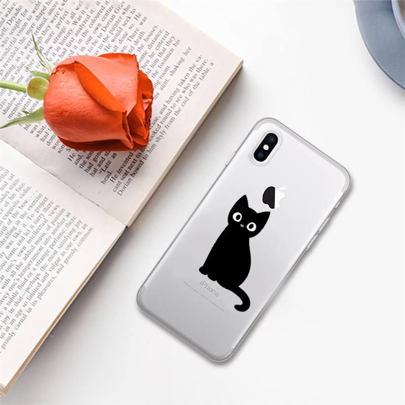 Coque de téléphone mignon chat noir pour iPhone 13 11 12 Pro XS MAX 8 7 6 6S Plus X 5S SE 2020 XR – Étui de téléphone antichoc souple, brillant et élégant avec un chat mignon