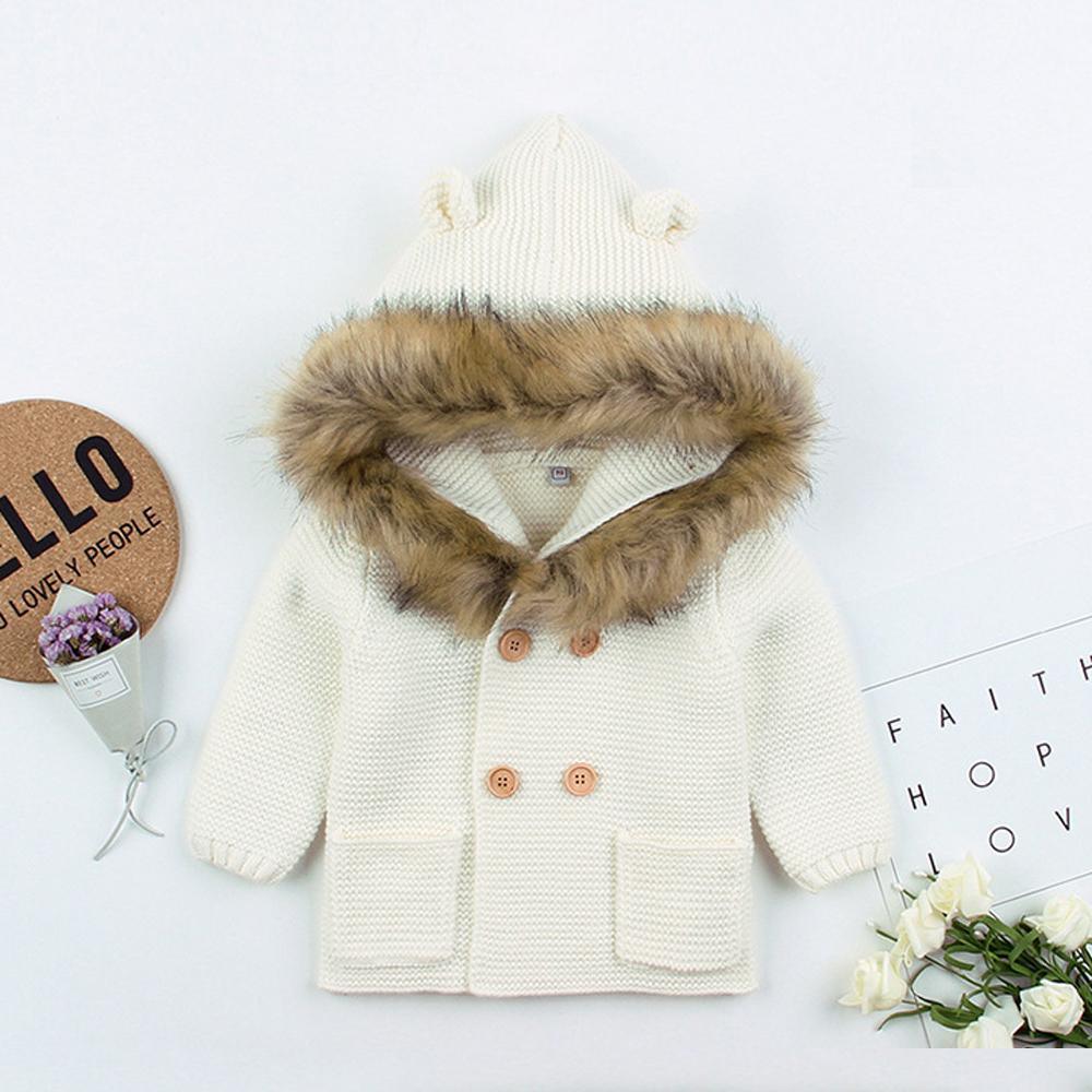 Manteau à capuche en tricot chaud d'hiver de luxe moderne pour nouveau-né garçon ou fille, avec col en fourrure pour garçons et filles