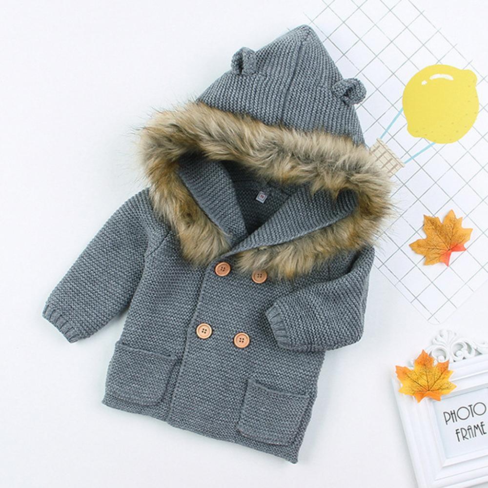 Manteau à capuche en tricot chaud d'hiver de luxe moderne pour nouveau-né garçon ou fille, avec col en fourrure pour garçons et filles