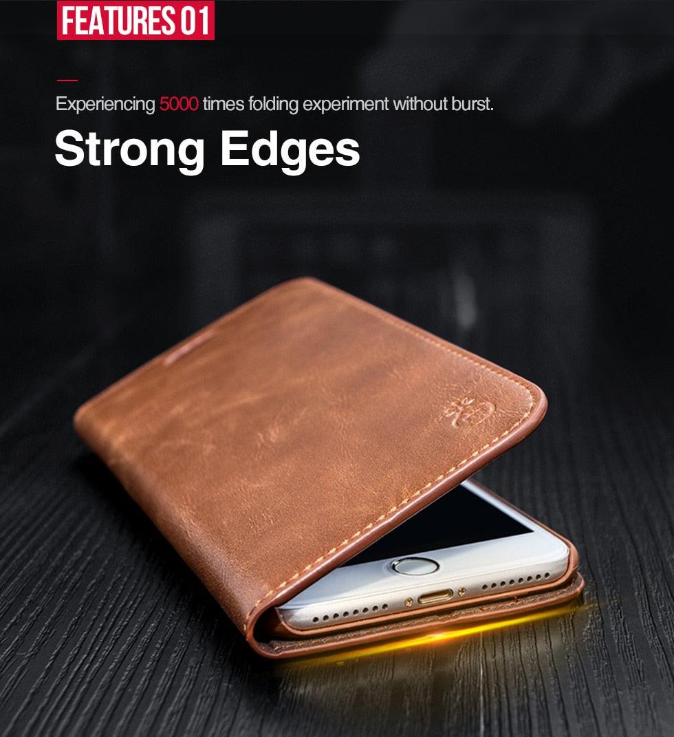 Étui portefeuille de luxe en cuir véritable marron pour iPhone, avec support et porte-cartes, pour iPhone 14 13