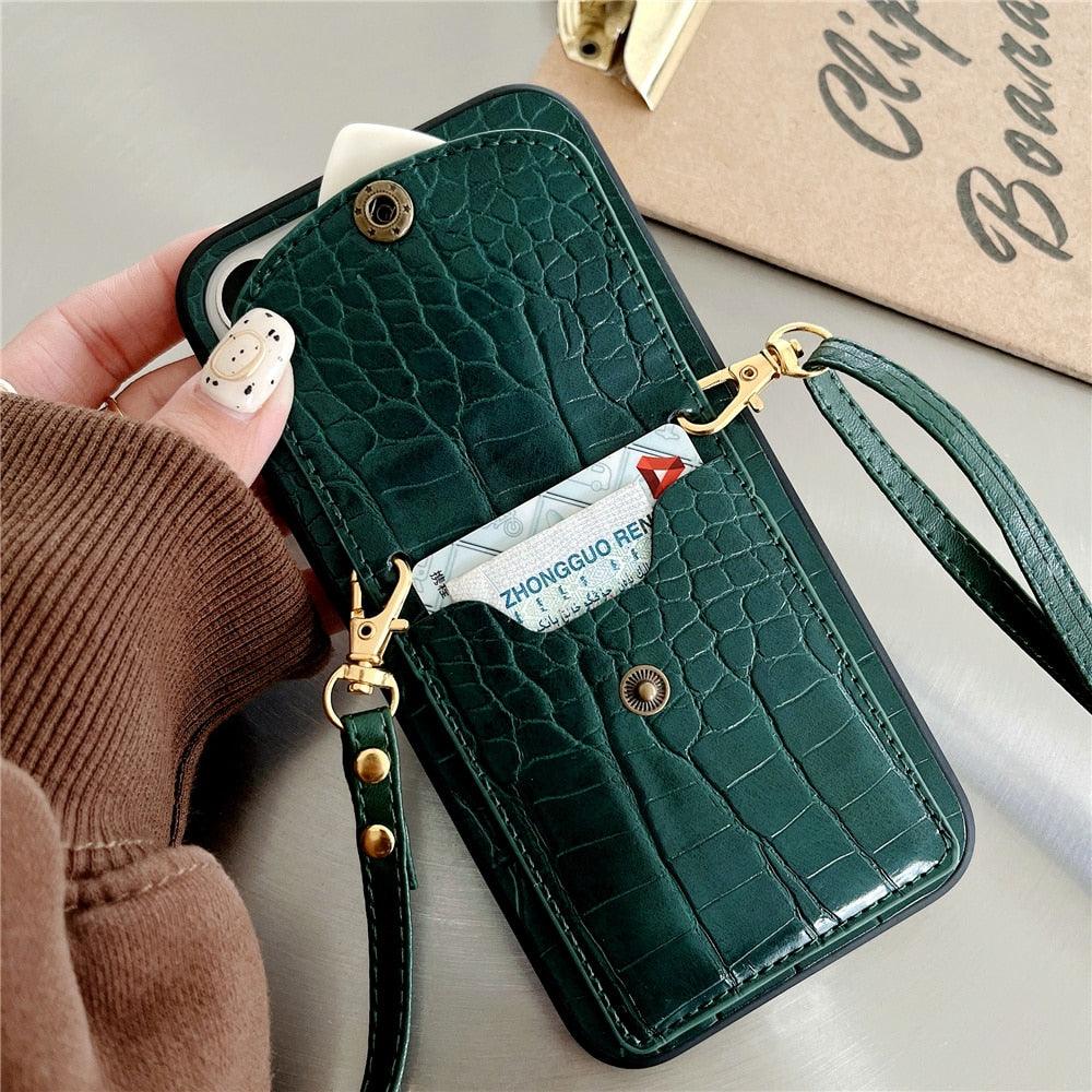 Jolie Coque de Téléphone Noire de Luxe pour iPhone 12 13 Mini 7 8 Plus 11 Pro Max X XS XR avec Dragonne, Porte-Cartes et Bandoulière Réglable