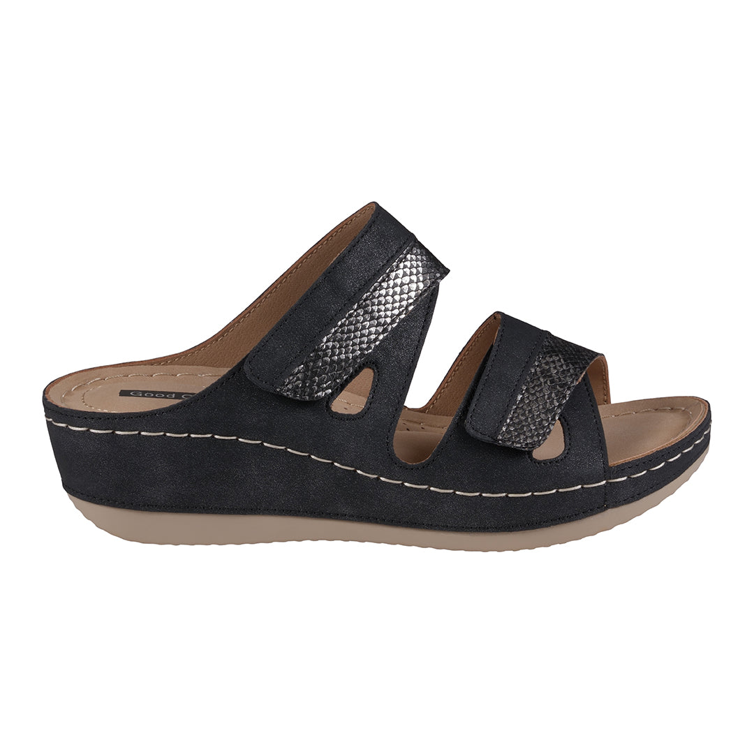 Sandales Compensées Havana Velcro Bicolores Noires à Double Bride