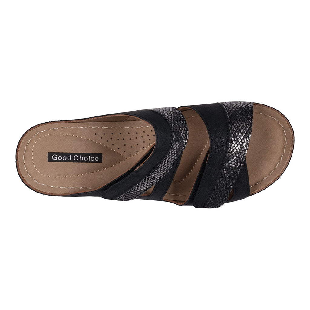 Sandales Compensées Havana Velcro Bicolores Noires à Double Bride