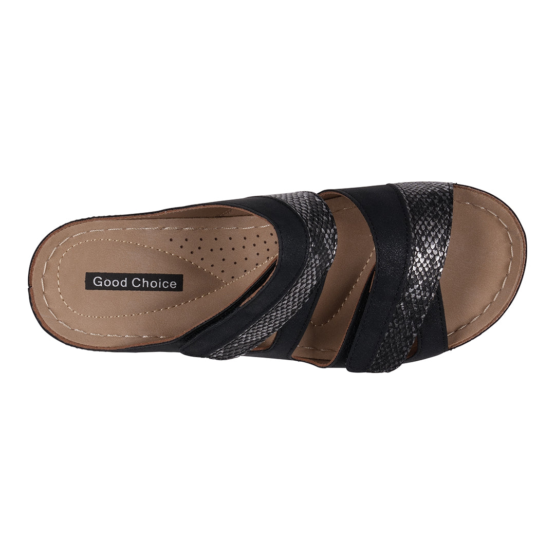 Sandales Compensées Havana Velcro Bicolores Noires à Double Bride