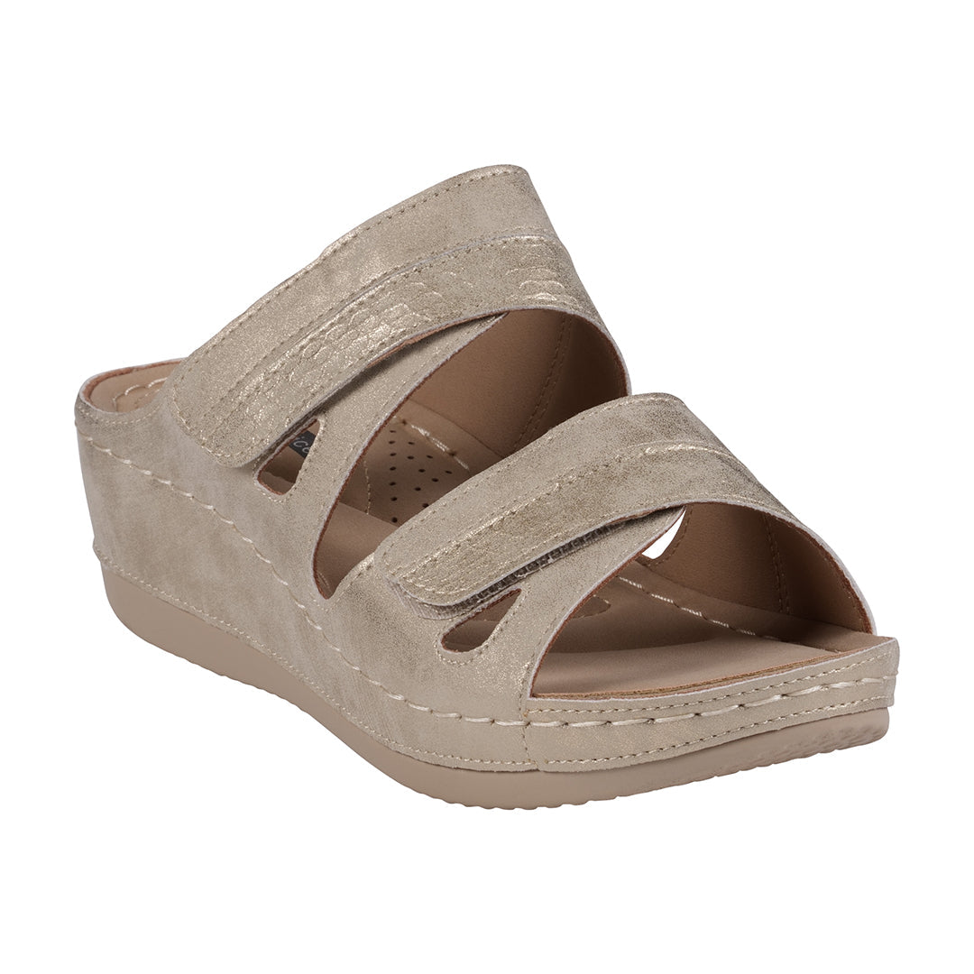 Sandales compensées Havana en Velcro bicolore à double bride dorée