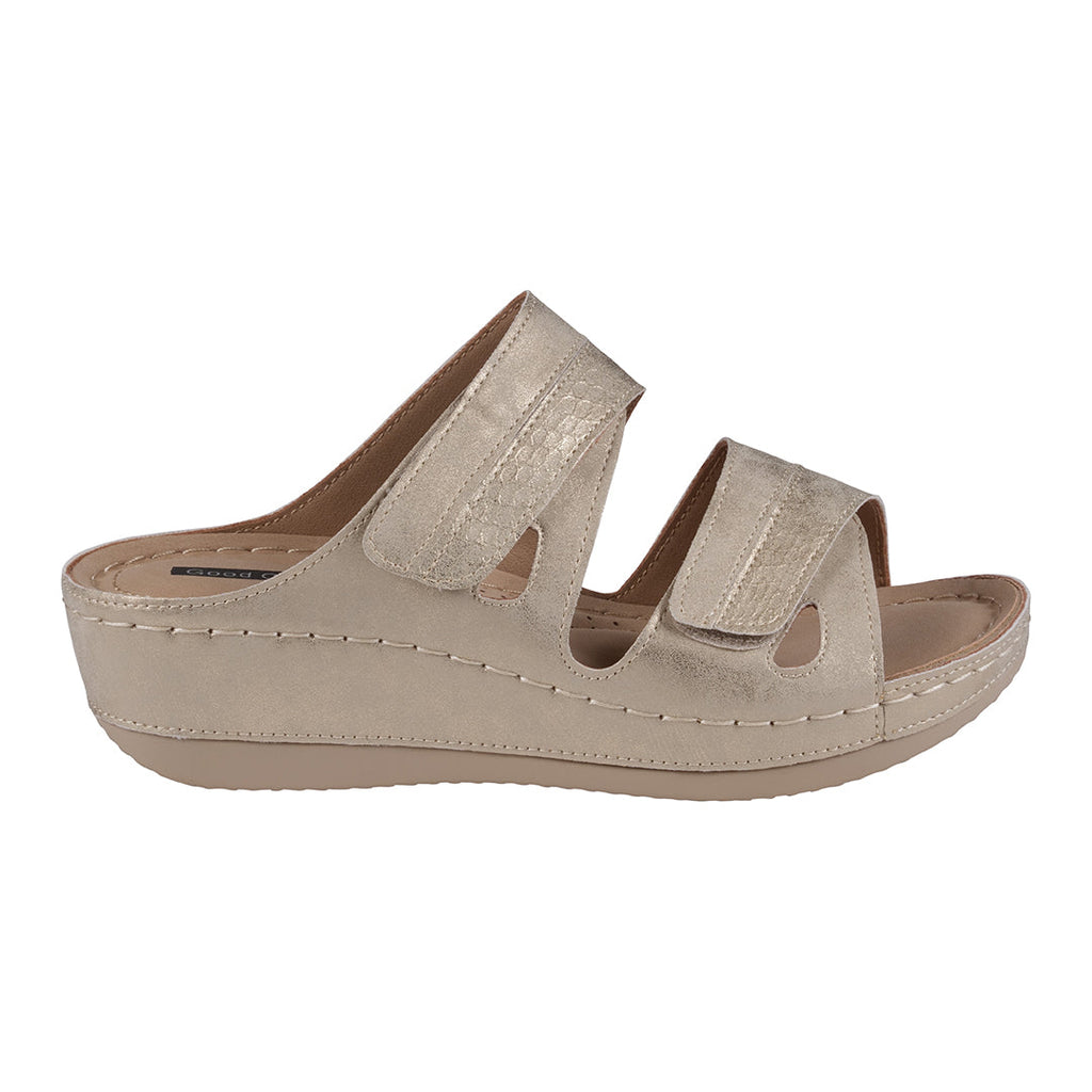 Sandales compensées Havana en Velcro bicolore à double bride dorée
