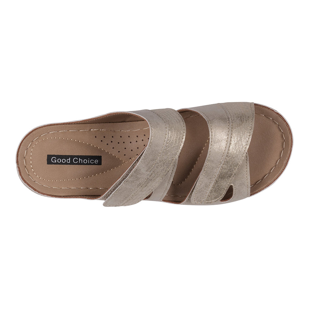 Sandales compensées Havana en Velcro bicolore à double bride dorée