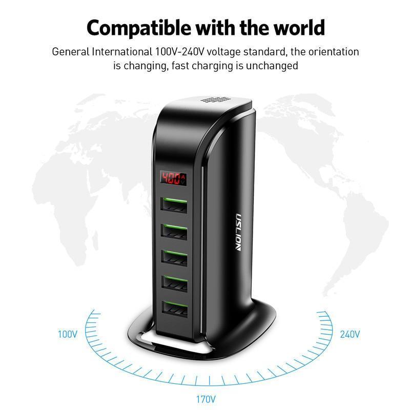 Chargeur USB puissant 5 ports à économie d'énergie, écran LED, station de charge USB multiple, station d'accueil universelle pour téléphone portable, prise murale de bureau UE Royaume-Uni